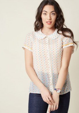 Darling in Dots Button-Up Top in Confetti Hearts – vintage style Peter Pan collar blouses - flipped