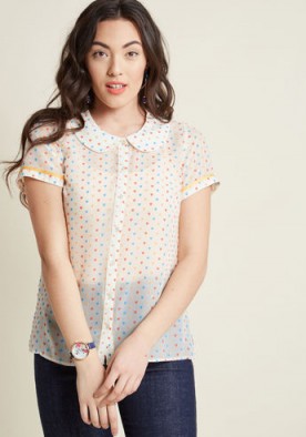 Darling in Dots Button-Up Top in Confetti Hearts – vintage style Peter Pan collar blouses