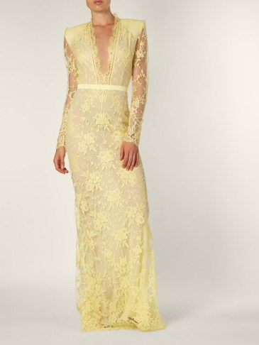 ALEXANDER MCQUEEN Deep V-neck lemon-yellow lace gown ~ sheer sleeved plunge front gowns - flipped