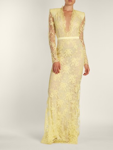 ALEXANDER MCQUEEN Deep V-neck lemon-yellow lace gown ~ sheer sleeved plunge front gowns