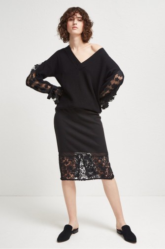 French Connection DELOS LUCKY LAYER PENCIL SKIRT – black lace hem skirts