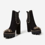 EGO Domino Gold Studded Detail Platform Biker Boot In Black Faux Suede / chunky boots with studs