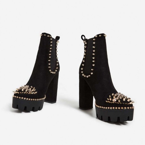 EGO Domino Gold Studded Detail Platform Biker Boot In Black Faux Suede / chunky boots with studs - flipped
