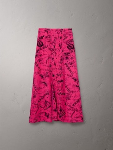 BURBERRY Doodle Print Pintuck Detail Silk Skirt ~ long pink slit skirts - flipped
