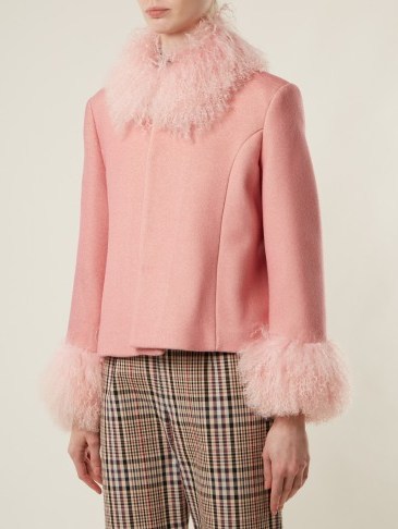 SAKS POTTS Dorthe fur-trimmed bubblegum-pink wool jacket ~ shaggy trim jackets - flipped
