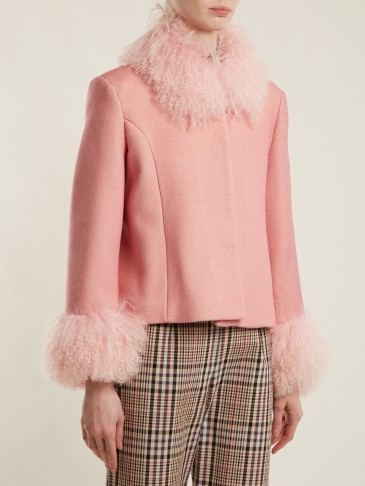 SAKS POTTS Dorthe fur-trimmed bubblegum-pink wool jacket ~ shaggy trim jackets