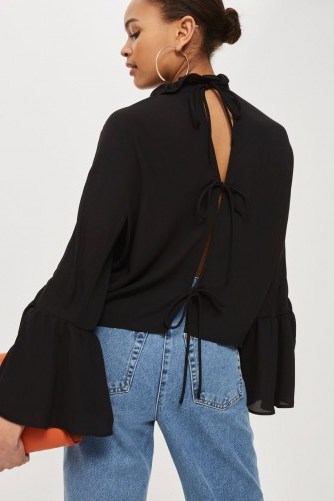 Topshop Double Ruffle Tie Back Blouse | black wide cuff blouses - flipped