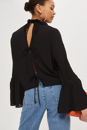 Topshop Double Ruffle Tie Back Blouse | black wide cuff blouses