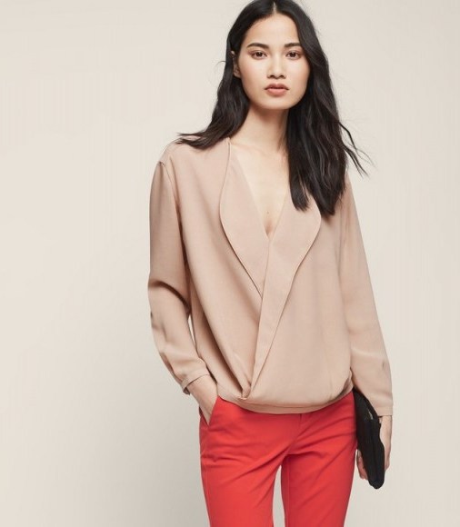 REISS ELEANORA V-NECK TOP ROSE MIST ~ pale-pink wrap style tops - flipped