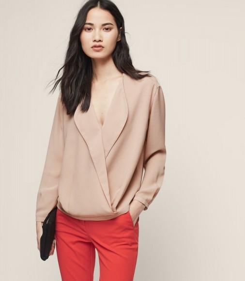 REISS ELEANORA V-NECK TOP ROSE MIST ~ pale-pink wrap style tops