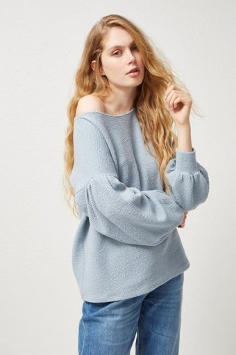 FRENCH CONNECTION ELLEN TEXTURED BALLOON SLEEVE SWEATER | blue jumpers - flipped