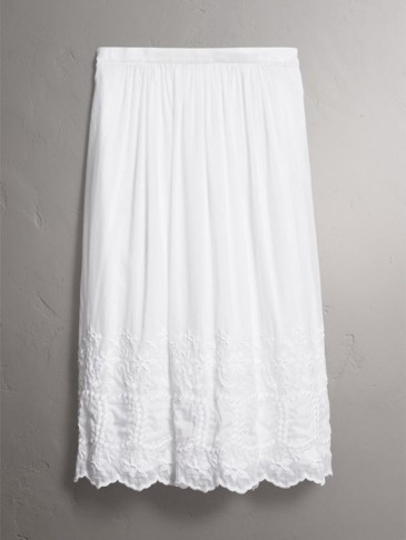 BURBERRY Embroidered Cotton Silk Voile Skirt ~ white summer midi skirts