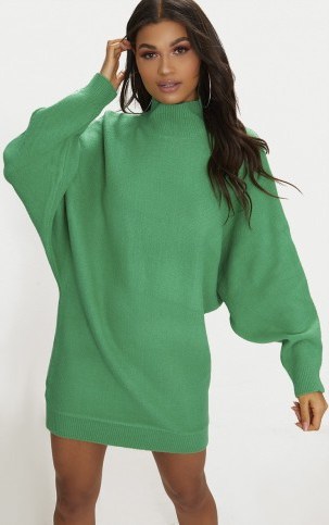 PRETTYLITTLETHING GREEN OVERSIZED JUMPER DRESS | batwing sweater dresses - flipped