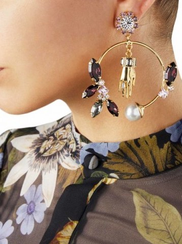 ERDEM‎ Hand Crystal And Faux Pearl Clip Earrings ~ large embellished clip-on hoops ~ statement jewellery - flipped