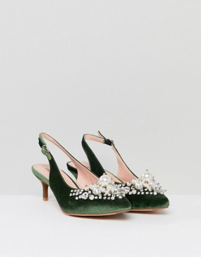 Essentiel Antwerp Pastis Heeled Shoes With Pearls ~ embellished slingback heels ~ green party pumps - flipped