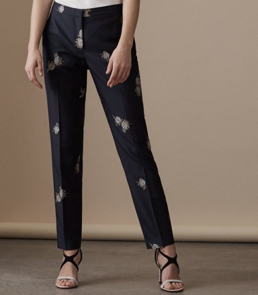 REISS FAUNA TROUSER EMBROIDERED TROUSER NAVY / blue floral trousers