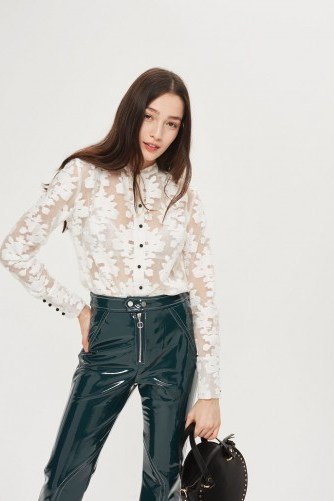 TOPSHOP Fil Coupe Lace Shirt – white collarless semi sheer floral shirts - flipped