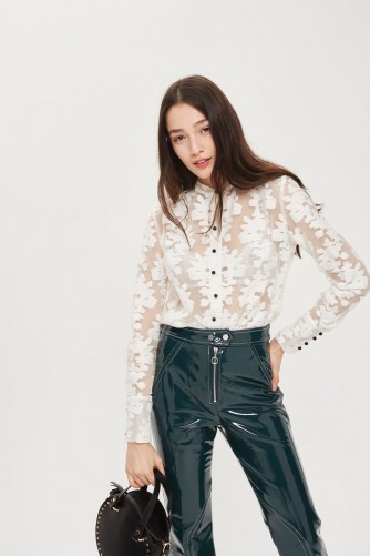 TOPSHOP Fil Coupe Lace Shirt – white collarless semi sheer floral shirts