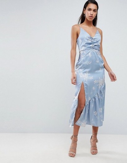 Finders Floral Cami Midi Dress in Steel blue floral | ruffled slip dresses - flipped