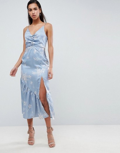 Finders Floral Cami Midi Dress in Steel blue floral | ruffled slip dresses