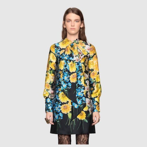 GUCCI Florage print satin dress with bow ~ bold flower prints - flipped