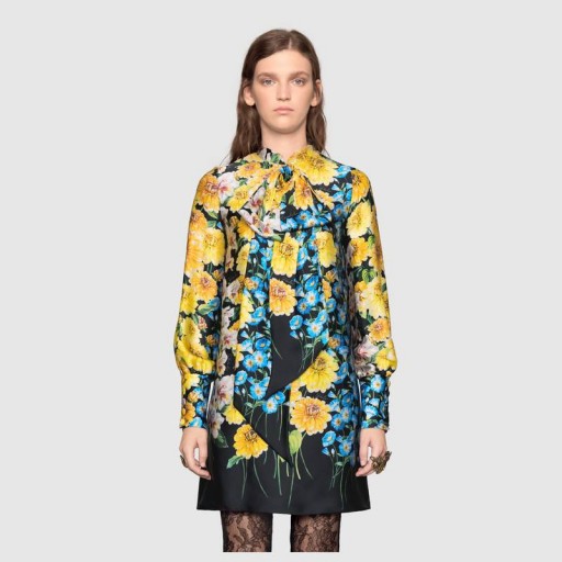 GUCCI Florage print satin dress with bow ~ bold flower prints
