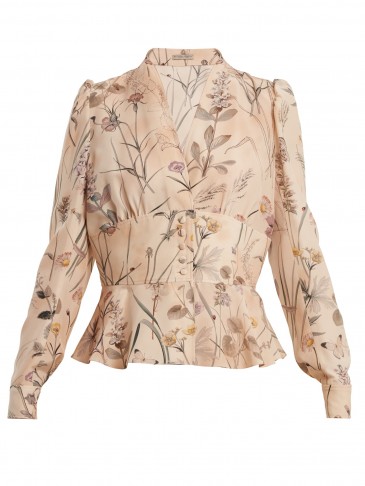 BOTTEGA VENETA Floral-print peplum-hem silk blouse ~ fitted waist blouses ~ romantic style tops