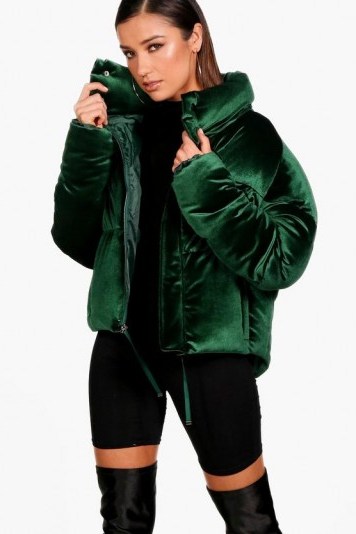 boohoo Freya Velvet Crop Funnel Neck Puffer – green padded jackets – jewel tone winter coats - flipped