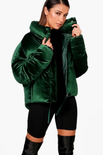 boohoo Freya Velvet Crop Funnel Neck Puffer – green padded jackets – jewel tone winter coats