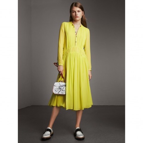 BURBERRY Gathered Silk Georgette Dress Neon green ~ spring dresses - flipped