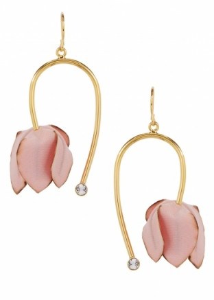 MARNI Gold tone pink floral and crystal detail drop earrings ~ flower statement jewellery - flipped