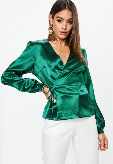 Missguided green satin wrap front blouse – silky blouses - flipped