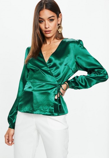 Missguided green satin wrap front blouse – silky blouses