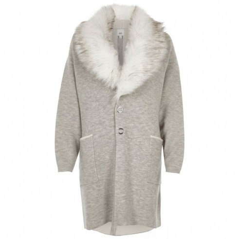 River Island Grey faux fur collar knitted coat ~ chic coatigans ~ winter coats - flipped