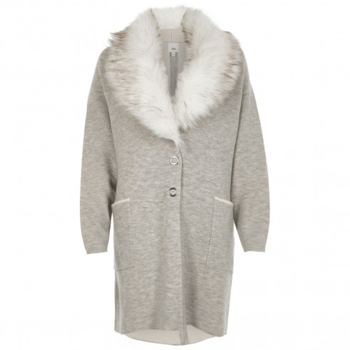 River Island Grey faux fur collar knitted coat ~ chic coatigans ~ winter coats