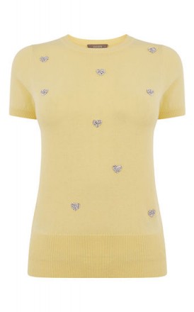 OASIS HEART HOTFIX KNIT PALE YELLOW ~ embellished short sleeve jumpers