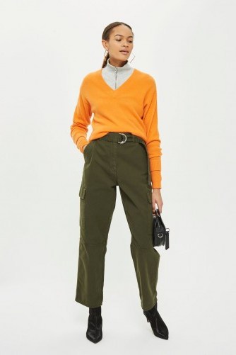 Topshop High Waisted Utility Trousers | khaki-green relaxed fit pants - flipped