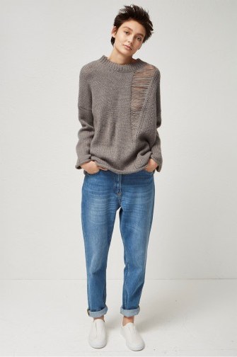 FRENCH CONNECTION ISABELLE KNIT LADDERED JUMPER | mink grey distressed jumpers - flipped
