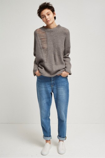 FRENCH CONNECTION ISABELLE KNIT LADDERED JUMPER | mink grey distressed jumpers