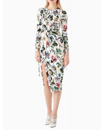 Jason Wu Drawstring-Sleeve Floral-Print Jersey Day Dress w/ Slit ~ drape front dresses - flipped