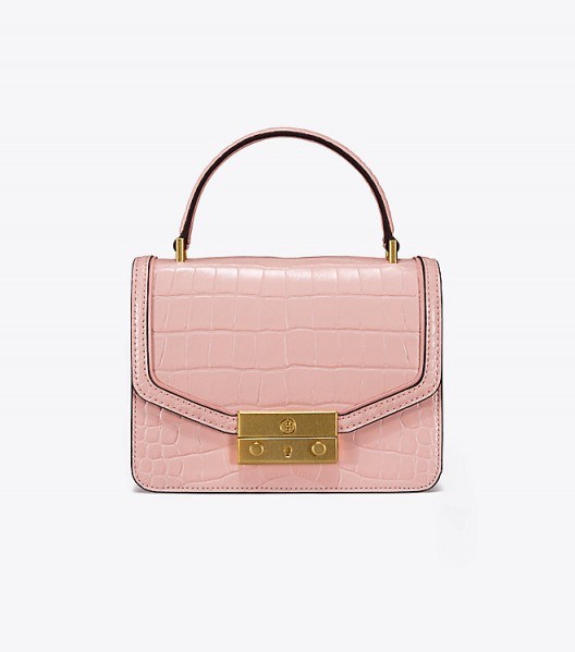 TORY BURCH JULIETTE EMBOSSED MINI TOP-HANDLE SATCHEL in CLAY PINK ~ small chic bags - flipped