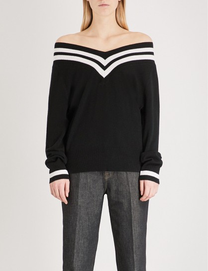 KENDALL & KYLIE Off-the-shoulder wool and cashmere-blend jumper – monochrome bardot sweaters