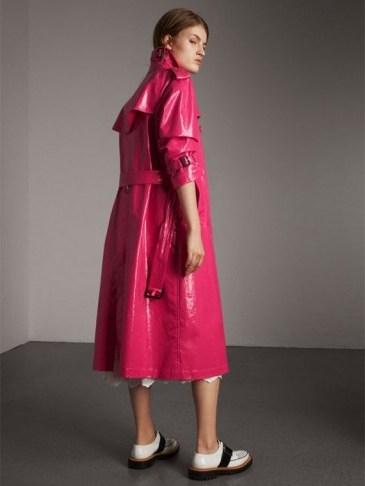 BURBERRY Laminated Cotton Trench Coat Neon Pink ~ shiny macs - flipped