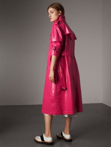 BURBERRY Laminated Cotton Trench Coat Neon Pink ~ shiny macs