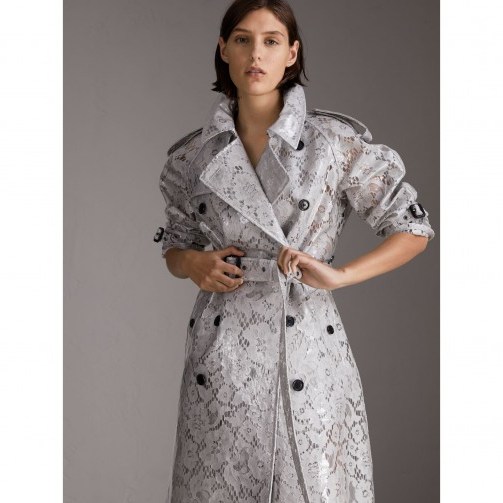 BURBERRY Laminated Lace Trench Coat in Pale Grey | luxe coats - flipped