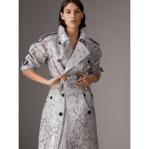 BURBERRY Laminated Lace Trench Coat in Pale Grey | luxe coats