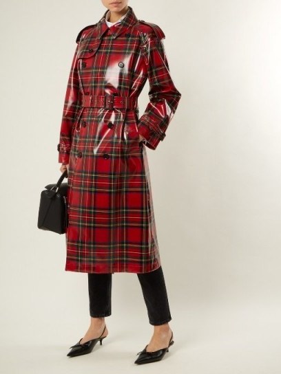BURBERRY Laminated-tartan wool trench coat ~ high shine red check coats - flipped