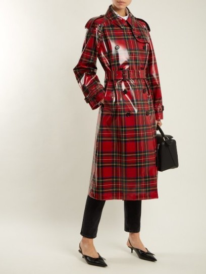 BURBERRY Laminated-tartan wool trench coat ~ high shine red check coats