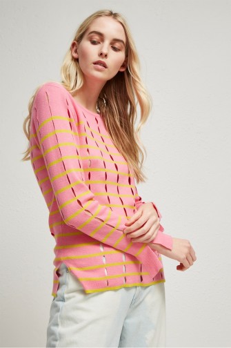 French Connection LATTICE KNIT CREW NECK JUMPER CHATEAU ROSE/CITRON – pink and yellow cut out jumpers