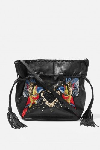 Topshop Leather Bird Embroidered Bucket Bag | black embellished boho bags - flipped